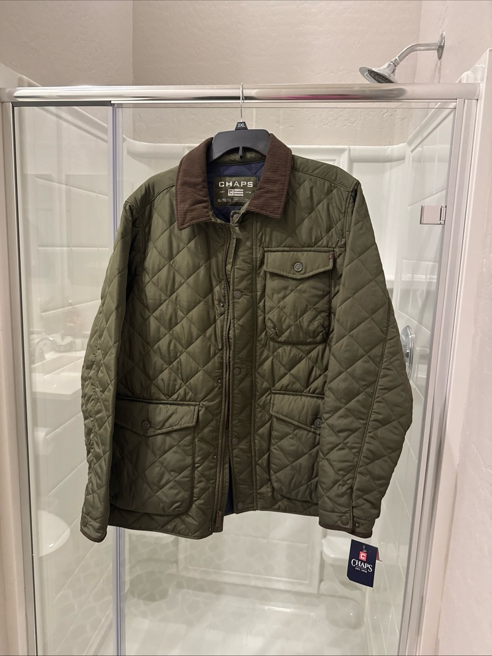 Chaps Men's Quilted Olive Jacket with Brown Corduroy Collar